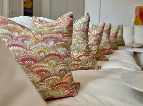 Summerill & Bishop 'Marble Fan' Linen Cushion In Pink Green & Yellow 50x50cm