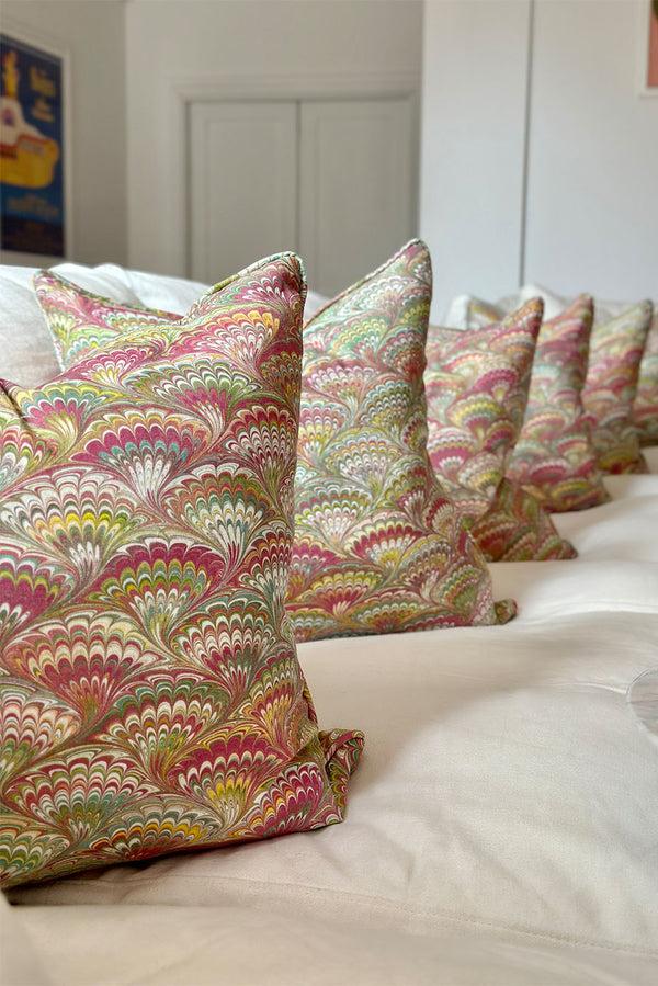Summerill & Bishop 'Marble Fan' Linen Cushion In Pink Green & Yellow 50x50cm