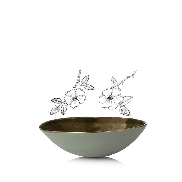 Summerill & Bishop Olive Green Ceramic Bowl With Gold Rim 16cm