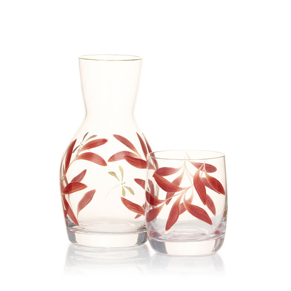 Summerill & Bishop Olive Leaf Burgundy & Gold Dragonfly Bedside Carafe & Tumbler Set
