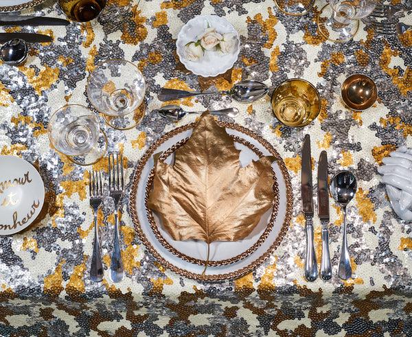 Summerill & Bishop S&B Couture: 'London Plane' Sequin Table Gown In Gold Silver And White