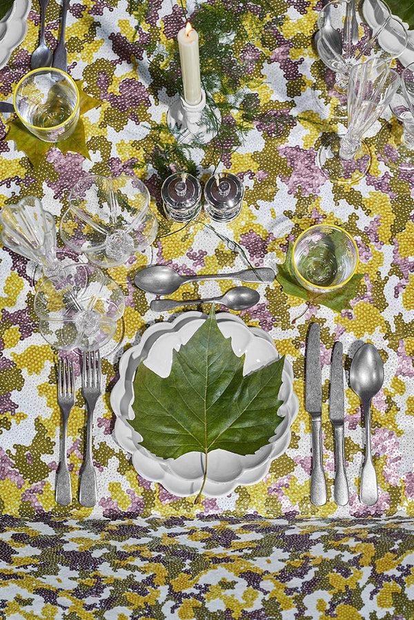 Summerill & Bishop S&B Couture: 'London Plane' Sequin Table Gown In Khaki Yellow Dusty Pink And White