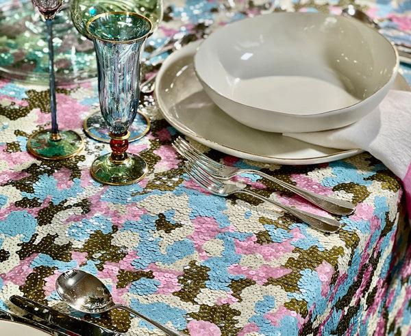 Summerill & Bishop S&B Couture: 'London Plane' Sequin Table Gown In Pink Khaki Blue And White