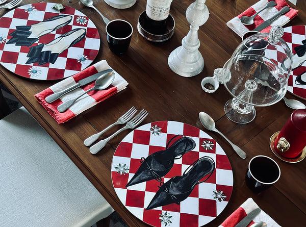 Summerill & Bishop Set Of 6 Shoe Check & Crystal Round Cork-Backed Placemats In Claret Red 34cm