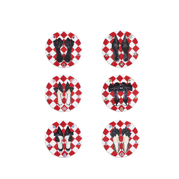 summerill & bishop Set of 6 Shoe Check & Crystal Round Cork-Backed Placemats in Claret Red 34cm