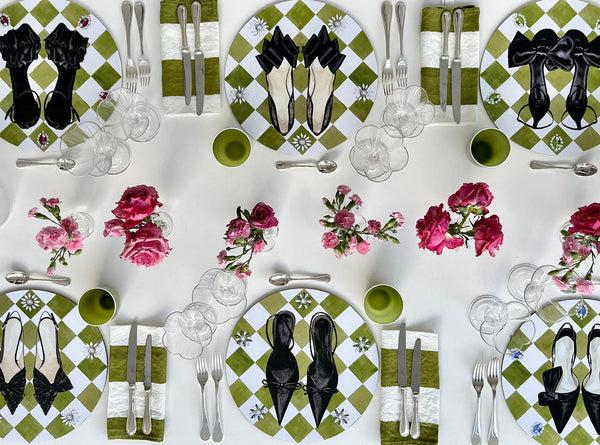 Summerill & Bishop Set Of 6 Shoe Check & Crystal Round Cork-Backed Placemats In Avocado Green 34cm