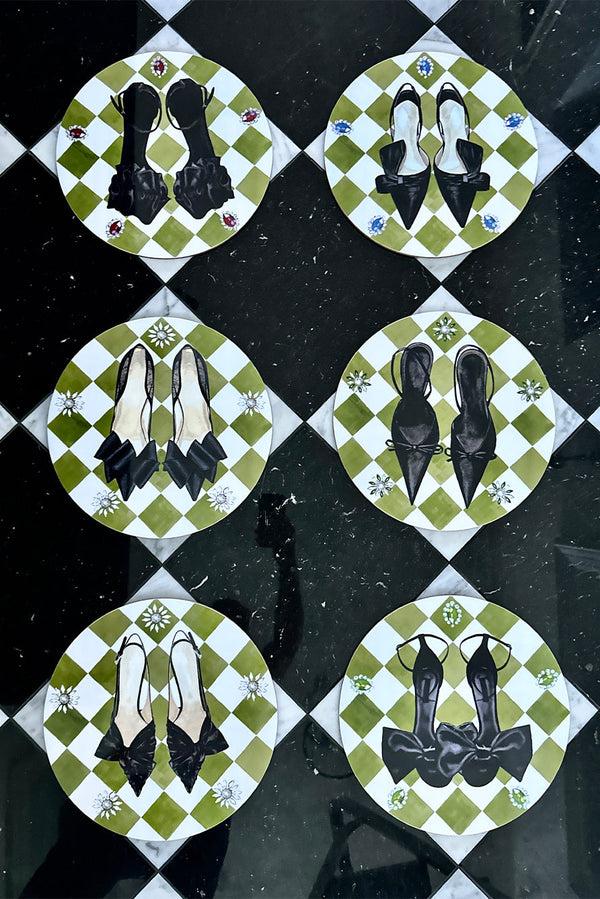 Summerill & Bishop Set Of 6 Shoe Check & Crystal Round Cork-Backed Placemats In Avocado Green 34cm