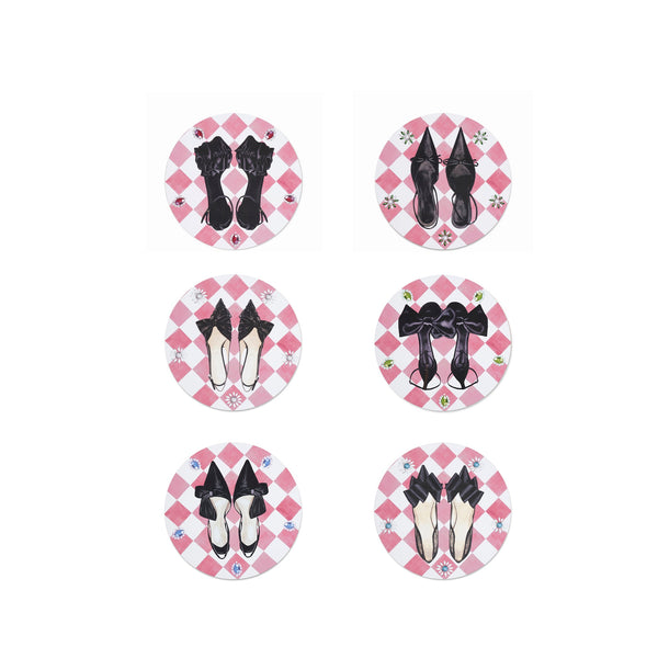 summerill & bishop Set of 6 Shoe Check & Crystal Round Cork-Backed Placemats in Rose Pink 34cm
