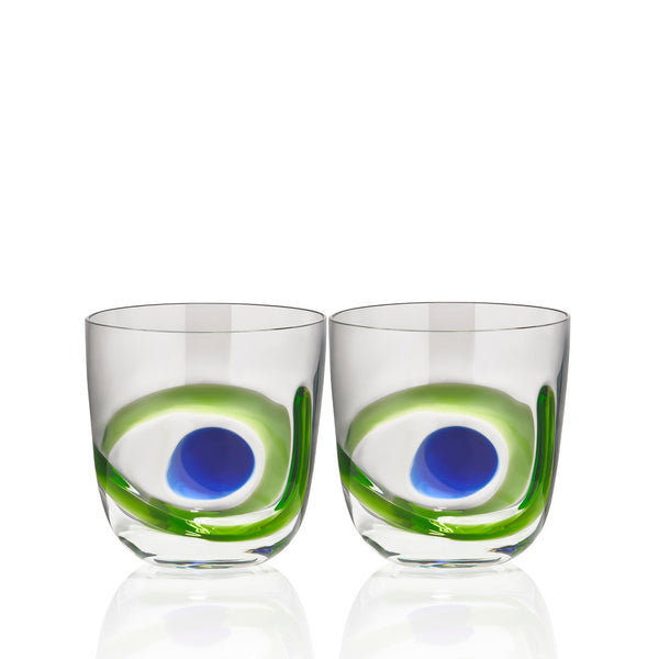 summerill & bishop Set of Two Murano Spot & Swirl Handblown Glass Tumblers in Green and Blue 8.5cm