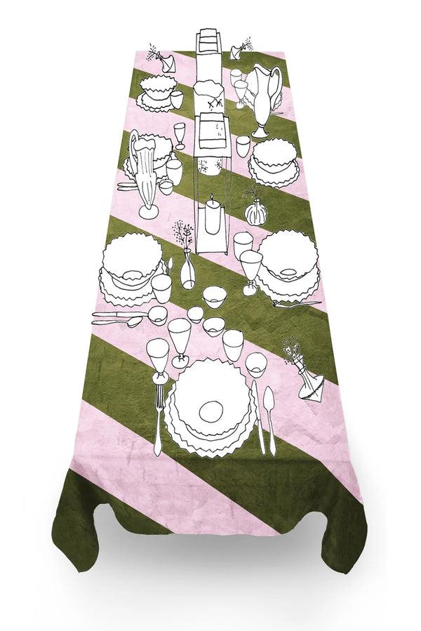 Summerill & Bishop 'Stripe' Linen Tablecloth In Avocado Green And Pale Pink