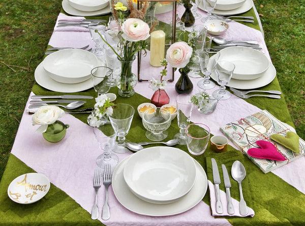 Summerill & Bishop 'Stripe' Linen Tablecloth In Avocado Green And Pale Pink