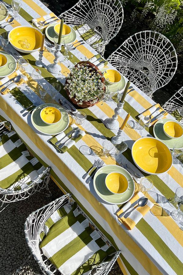 Summerill & Bishop 'Stripe' Linen Tablecloth In Avocado Green & Lemon Yellow