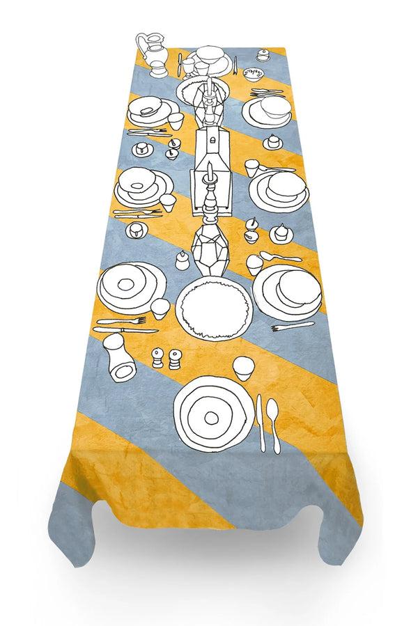 Summerill & Bishop 'Stripe' Linen Tablecloth In Mustard Yellow And Pale Blue