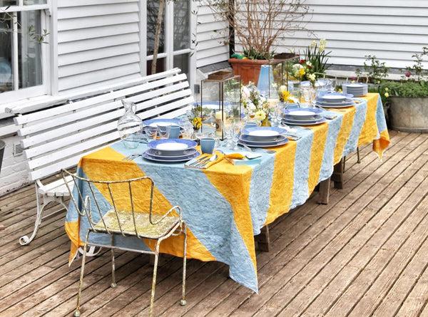 Summerill & Bishop 'Stripe' Linen Tablecloth In Mustard Yellow And Pale Blue
