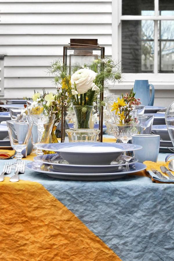 Summerill & Bishop 'Stripe' Linen Tablecloth In Mustard Yellow And Pale Blue