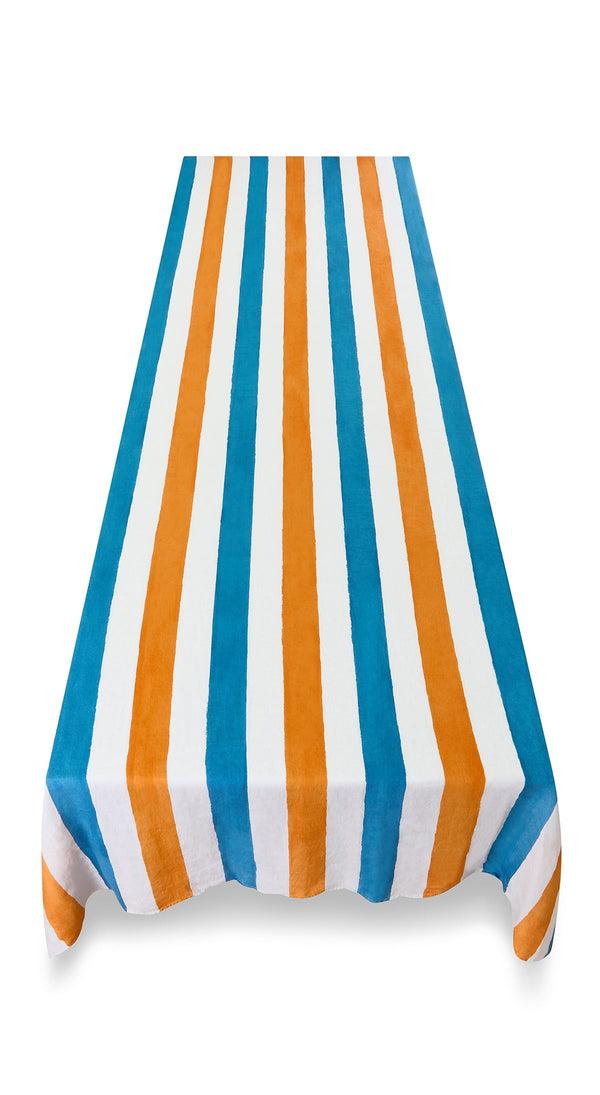 Summerill & Bishop 'Stripe' Linen Tablecloth In Sky Blue & Orange