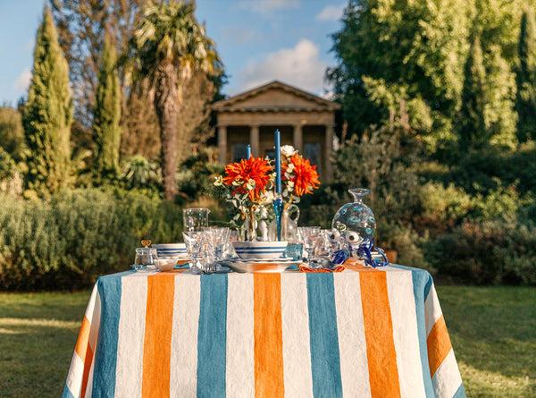 Summerill & Bishop 'Stripe' Linen Tablecloth In Sky Blue & Orange