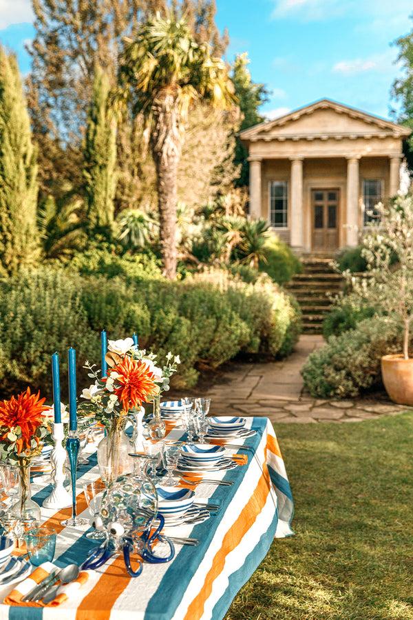 Summerill & Bishop 'Stripe' Linen Tablecloth In Sky Blue & Orange