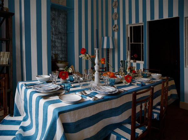 Summerill & Bishop 'Stripe' Linen Tablecloth In White & Blue