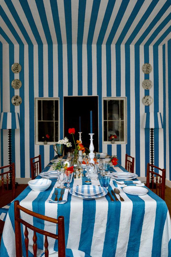 Summerill & Bishop 'Stripe' Linen Tablecloth In White & Blue