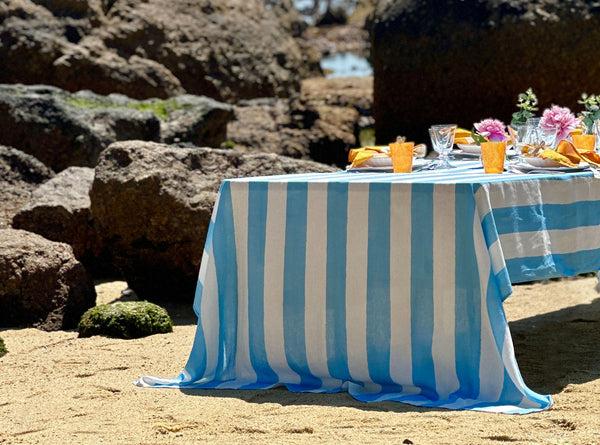 Summerill & Bishop 'Stripe' Linen Tablecloth In White & Pale Blue