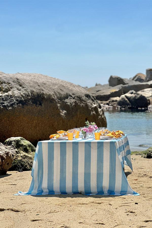Summerill & Bishop 'Stripe' Linen Tablecloth In White & Pale Blue