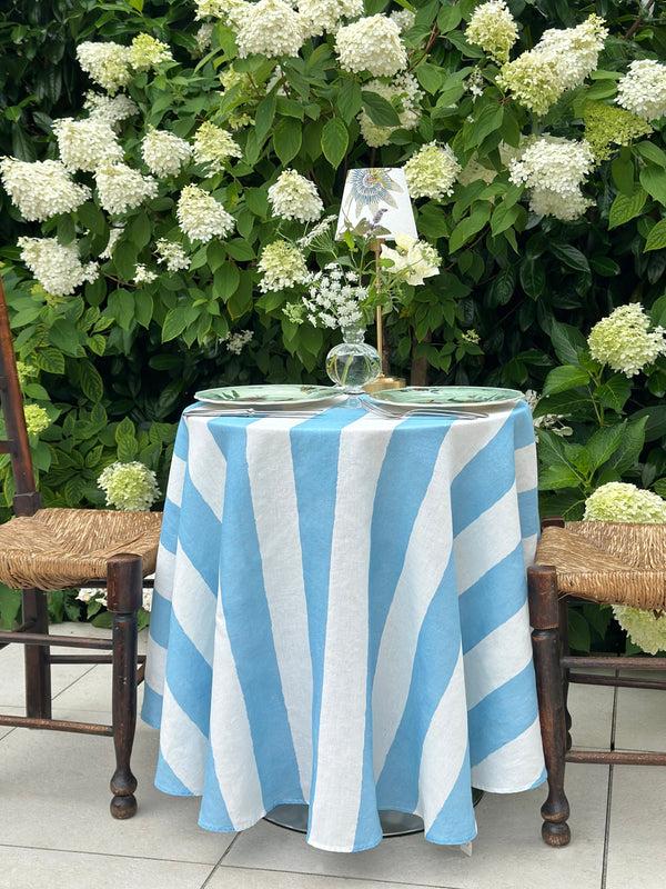 Summerill & Bishop 'Stripe' Round Occasional Linen Tablecloth In Pale Blue 165cm