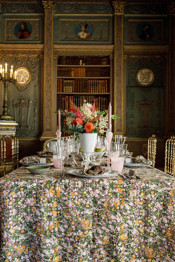 Summerill & Bishop Summerill & Bishop 'Marble' Linen Tablecloth In Green Rose Pink & Orange