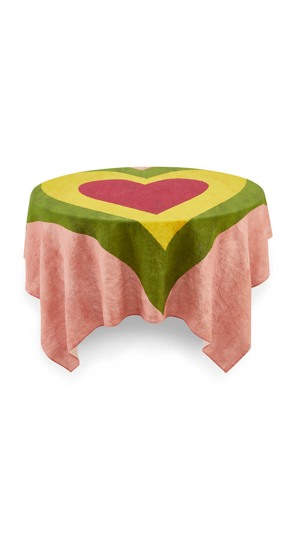 Summerill & Bishop 'Table For Two' Square Linen Heart Tablecloth In Pink Green Yellow & Red 165cm X 165cm