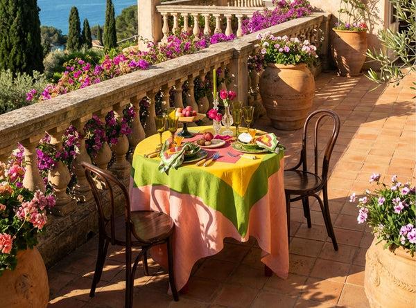 Summerill & Bishop 'Table For Two' Square Linen Heart Tablecloth In Pink Green Yellow & Red 165cm X 165cm