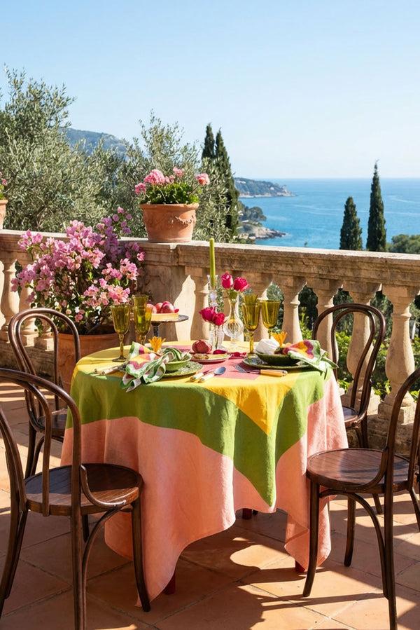 Summerill & Bishop 'Table For Two' Square Linen Heart Tablecloth In Pink Green Yellow & Red 165cm X 165cm