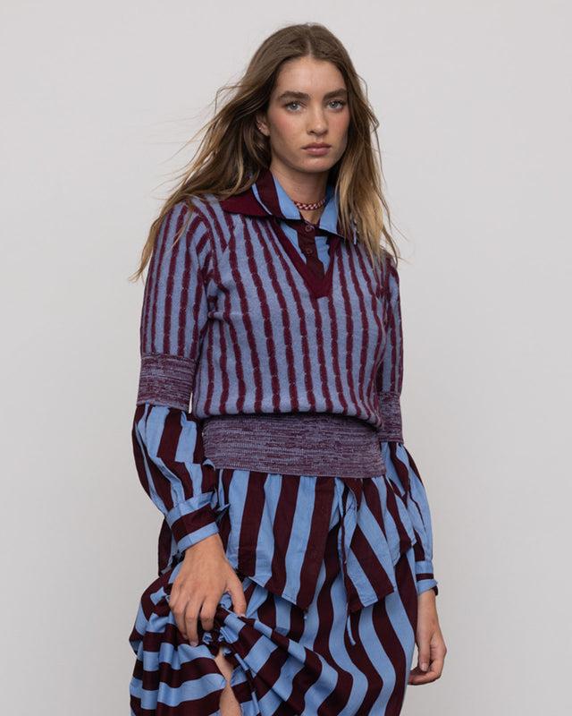 Summery Copenhagen ERAL SHRUKEN POLO KNIT IN BLUE STRIPE