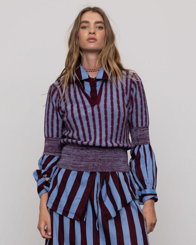 summery copenhagen ERAL SHRUKEN POLO KNIT IN BLUE STRIPE