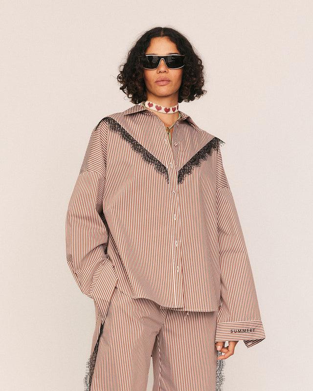 summery copenhagen Frida Lace Striped Shirt in Brown