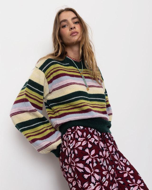 summery copenhagen GIGI BALLOON CREW NECK KNIT IN MULTI STRIPE