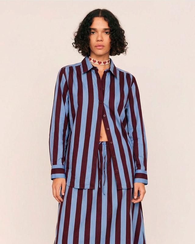 summery copenhagen HANNAH BALLOON SLEEVE SHIRT IN BLUE STRIPE