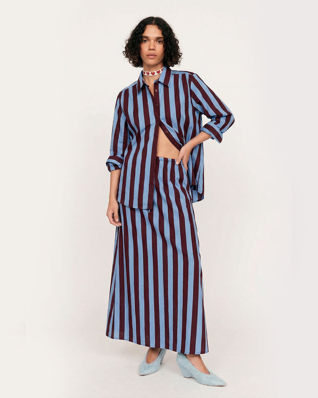 summery copenhagen HANNAH CIRCLE SKIRT MIDI IN BLUE STRIPE