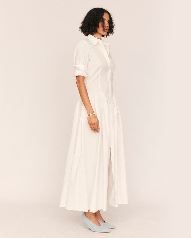 Summery Copenhagen Poplin Godet Shirt Dress In White
