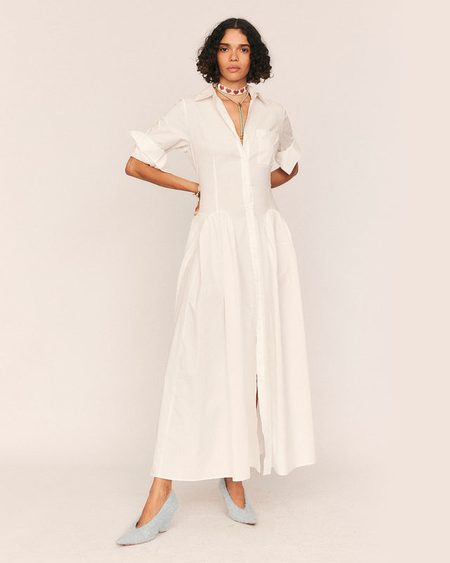 summery copenhagen Poplin Godet Shirt Dress in White