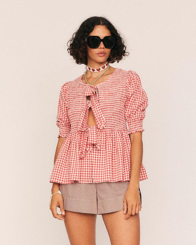 summery copenhagen Maude Gingham Tie Top in Red