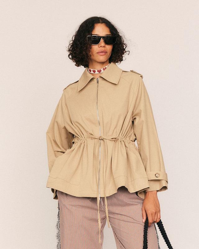 summery copenhagen Swing Cropped Trench in Taupe
