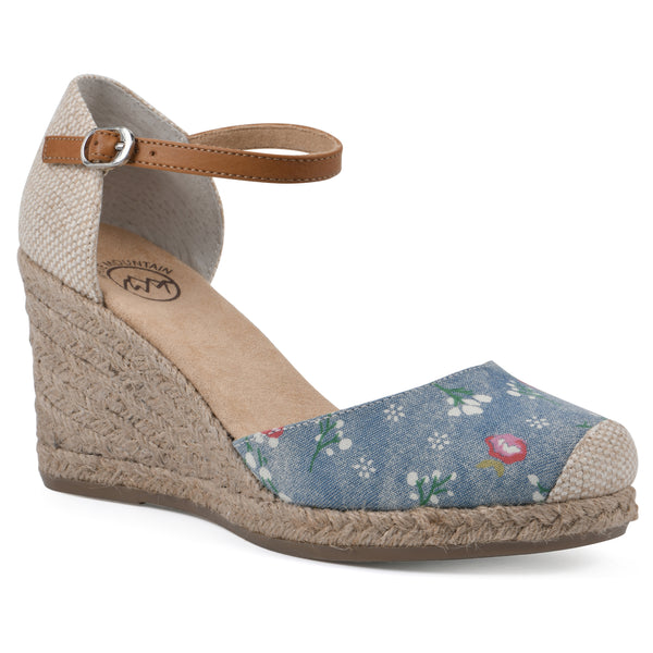summit by white mountain Mamba Wedge - Light Blue Floral Print Denim