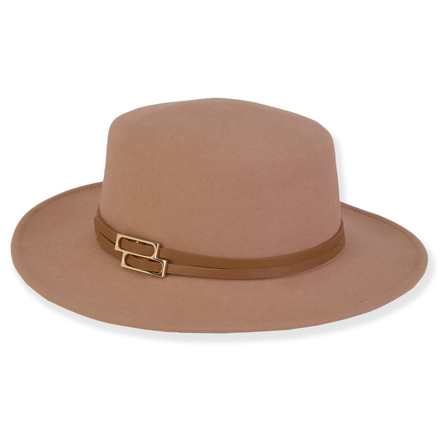 Sun N Sand Amber | Women's Wool Felt Boater Double Faux Leather Trim | AD1590