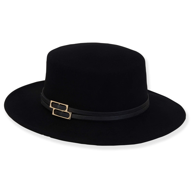 sun n sand Amber | Women's Wool Felt Boater Double Faux Leather Trim | AD1590