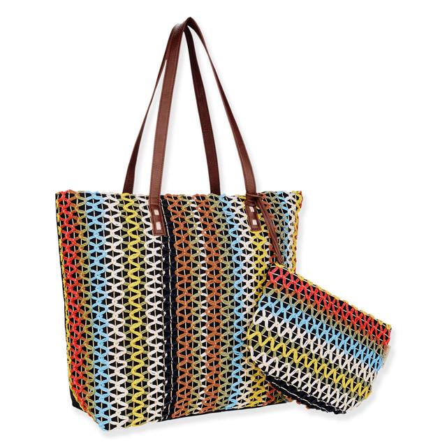 Sun N Sand Black Multi Paper Crochet/Poly Cotton Shoulder Tote | CE6696 B