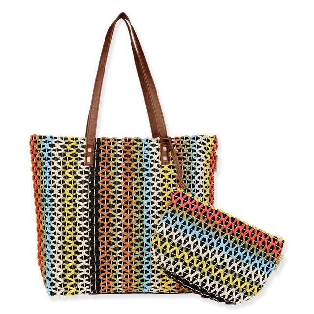sun n sand Black Multi Paper Crochet/Poly Cotton Shoulder Tote | CE6696 B