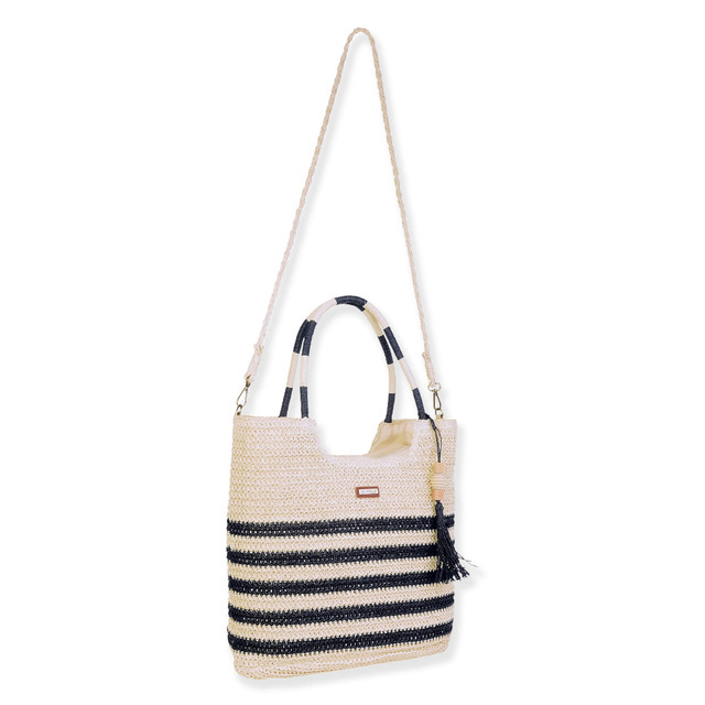 Sun N Sand Black Paper Crochet Shoulder Tote | CE6704 A