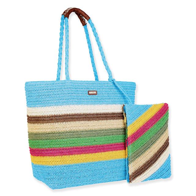 Sun N Sand Blue Multi Paper Crochet Shoulder Tote | CE6692 B