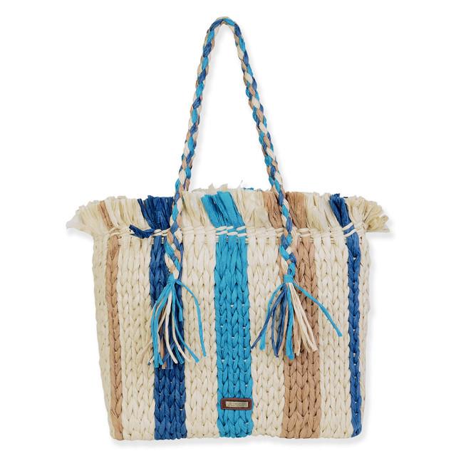 sun n sand Blue Multi Paper Straw Shoulder Tote | CE6677 B