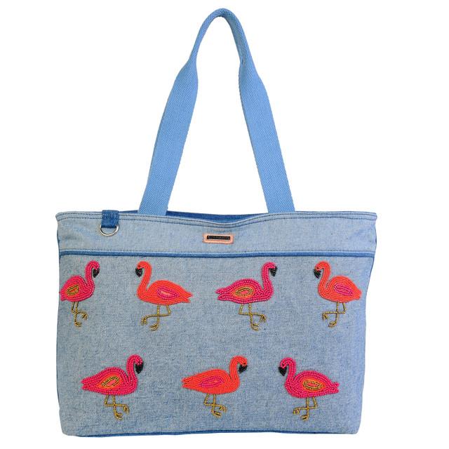 sun n sand Blue Shoulder Tote Beaded Flamingo | SNS6650 B